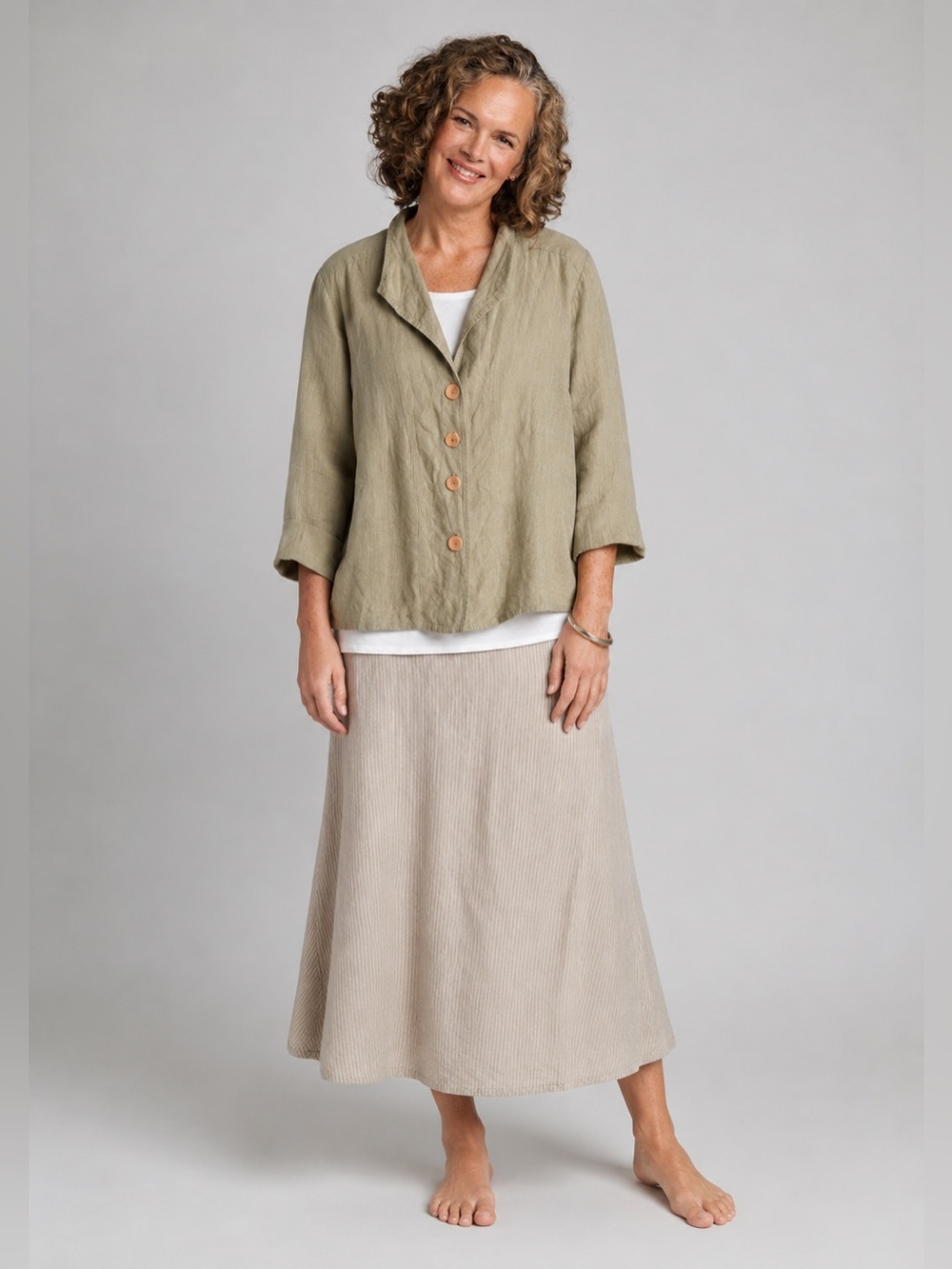 Flax Olive Linen Button-Front 3/4 Sleeve Shirt Jacket Size L